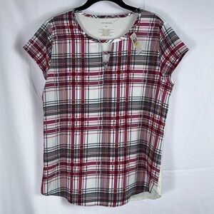 Van Heusen Blouse Short Cap Sleeve Scoop neck V-Cut out Plaid Striped Casual Top
